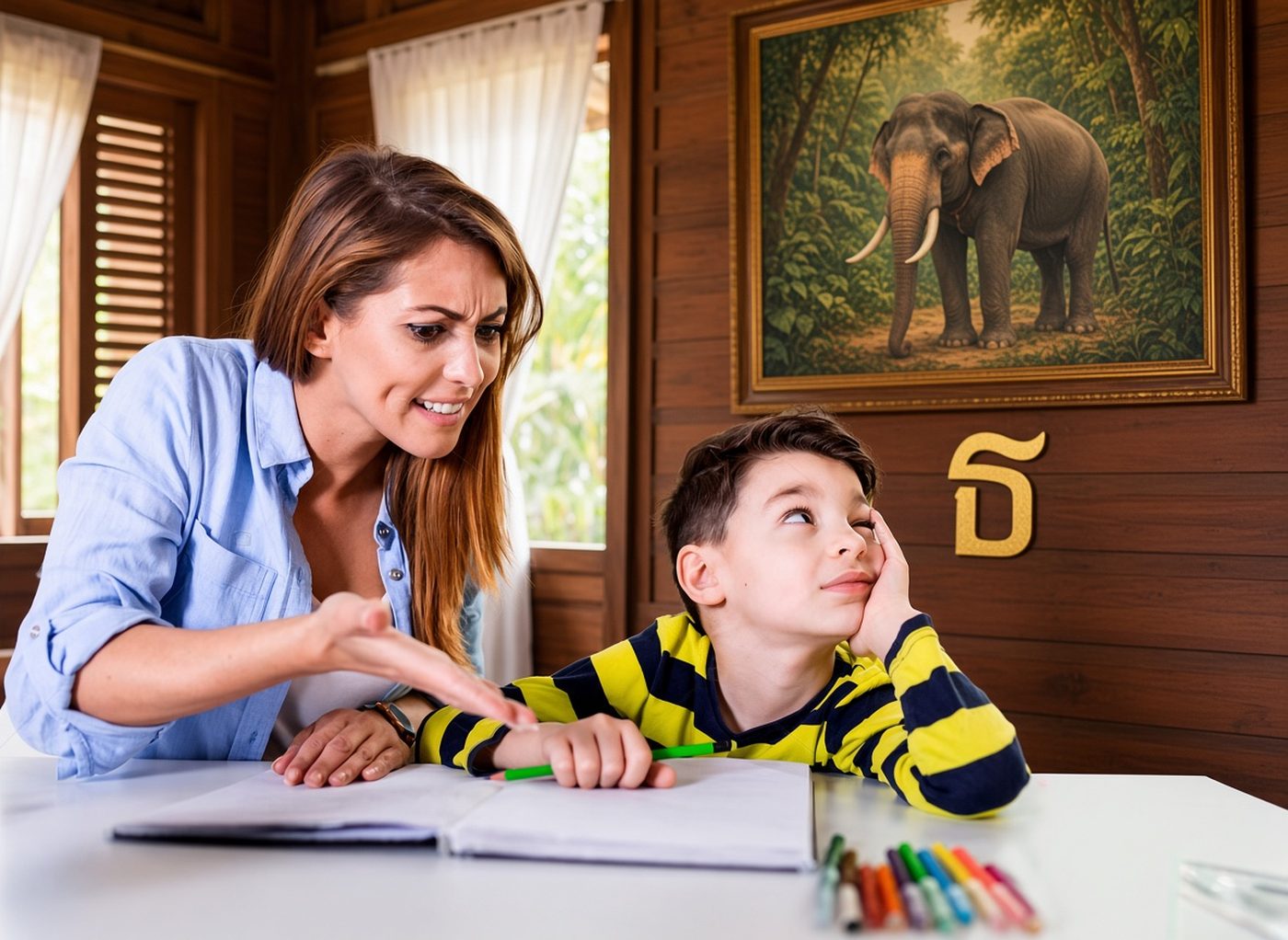 A mother sitting beside her son at a table in Bangkok, pointing at his homework book while he rests his chin on his hand and looks away.